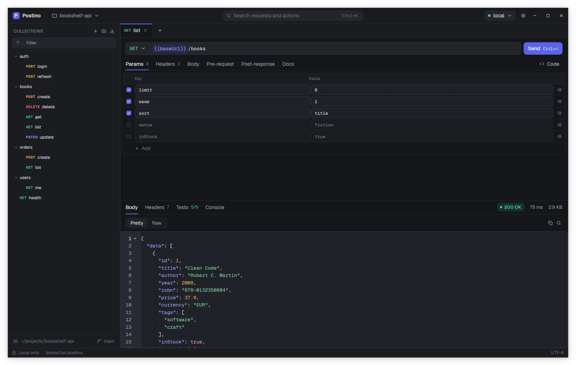 The Postino window: a sidebar with request folders, a GET request to a books API and its JSON response.