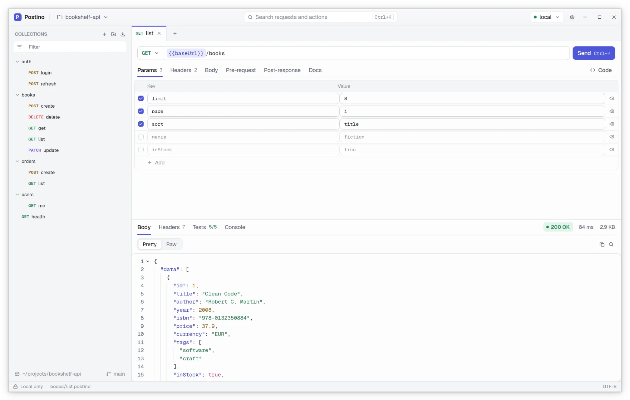 The Postino window: a sidebar with request folders, a GET request to a books API and its JSON response.
