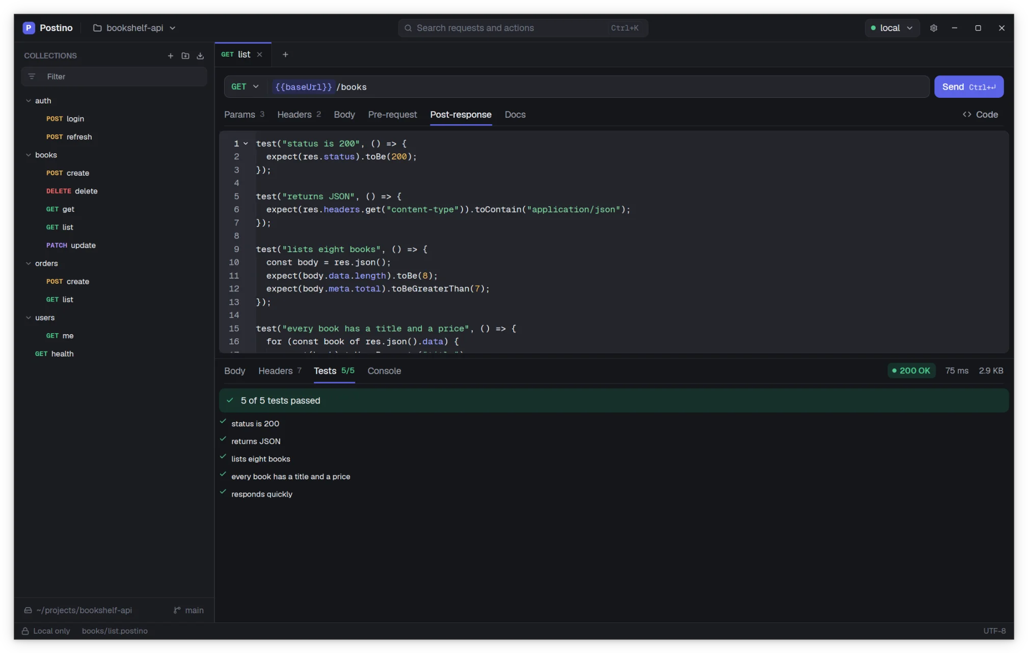 A request with a post response script and its passing tests.