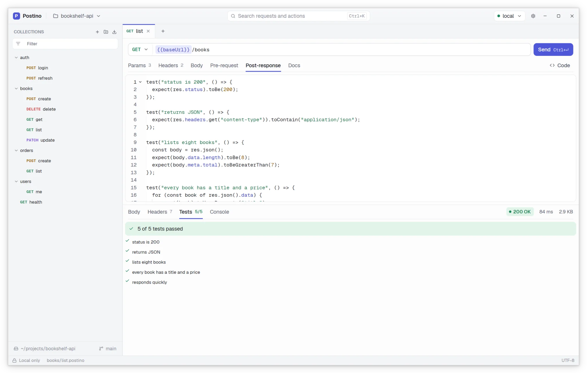 A request with a post response script and its passing tests.