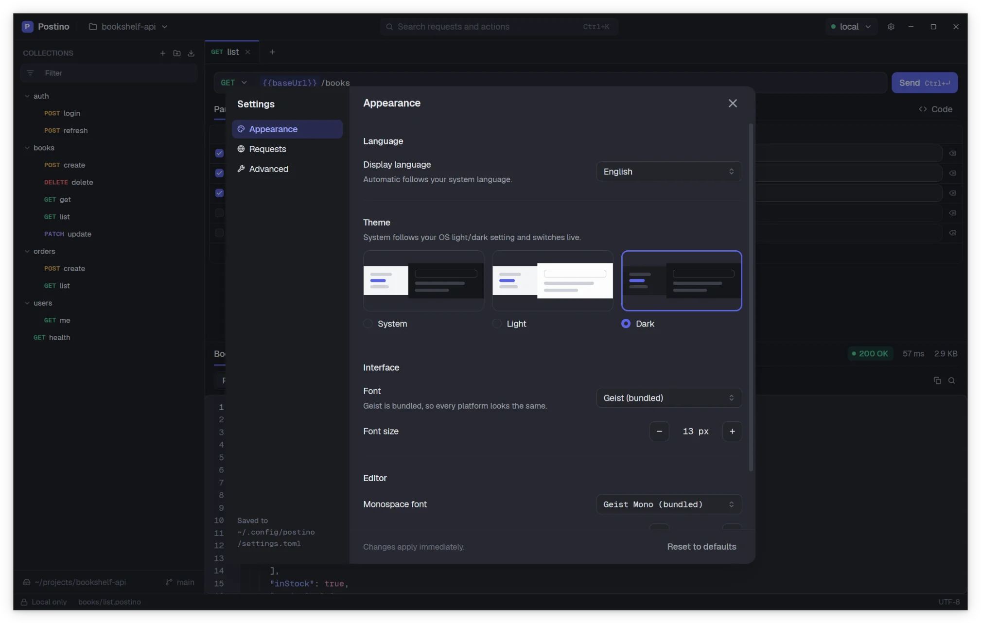 The Settings window with appearance options.