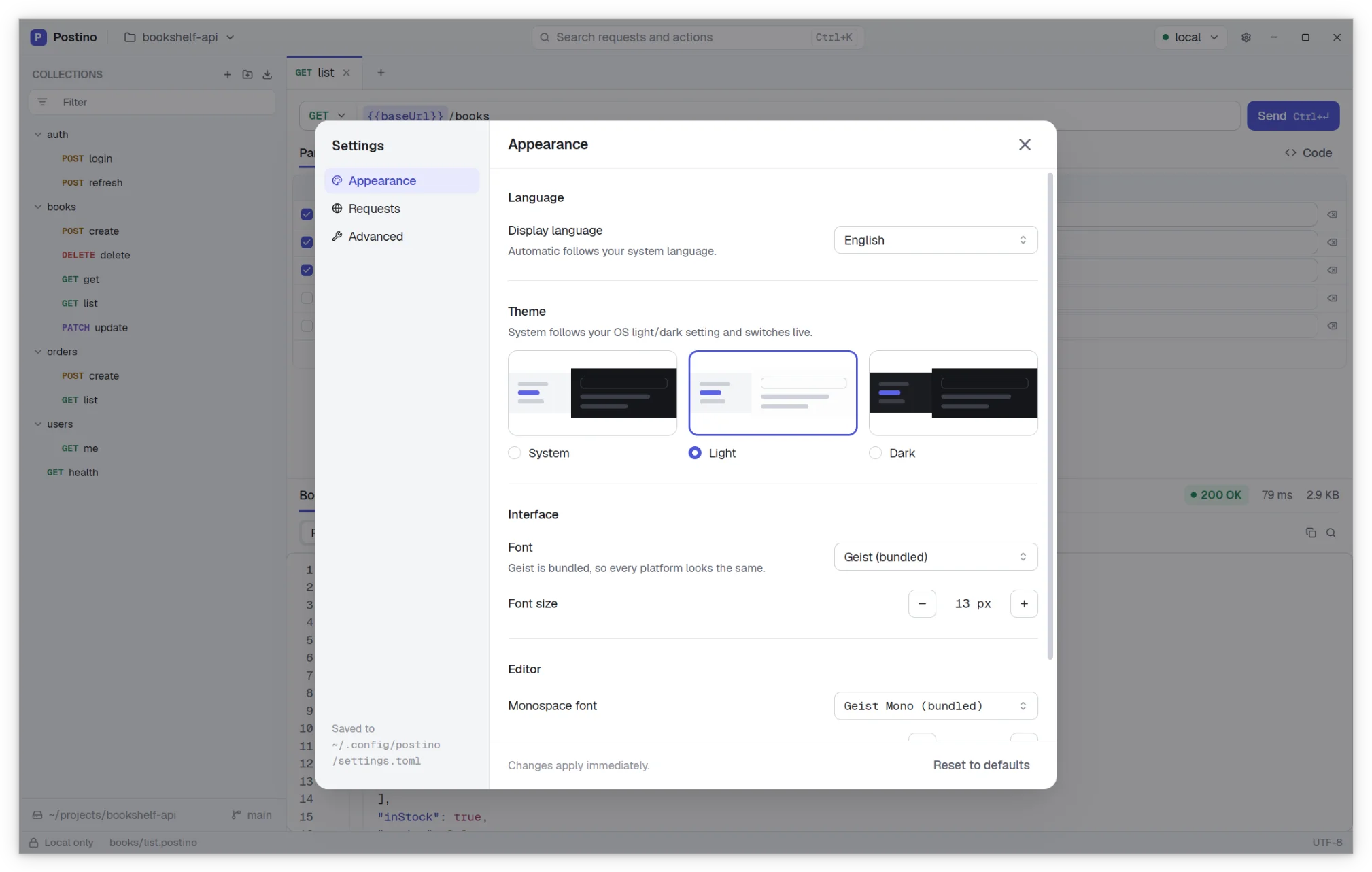 The Settings window with appearance options.
