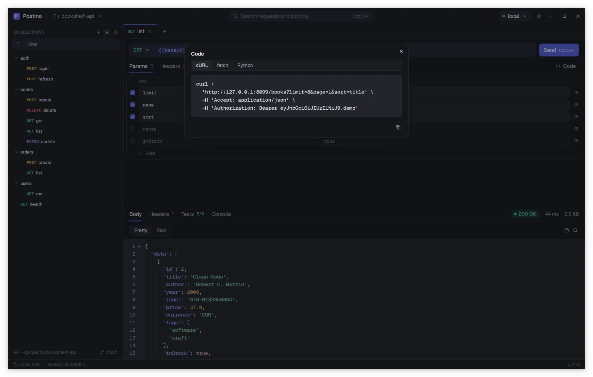 The code snippet dialog showing a curl command.