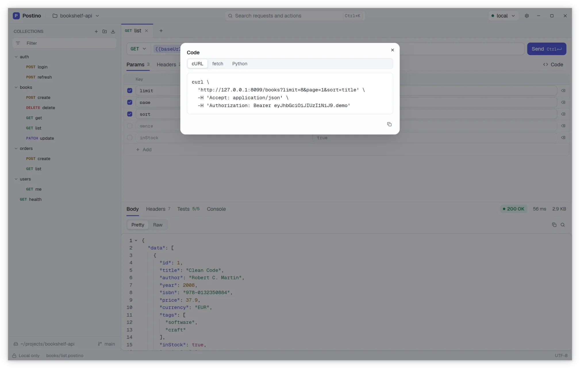 The code snippet dialog showing a curl command.